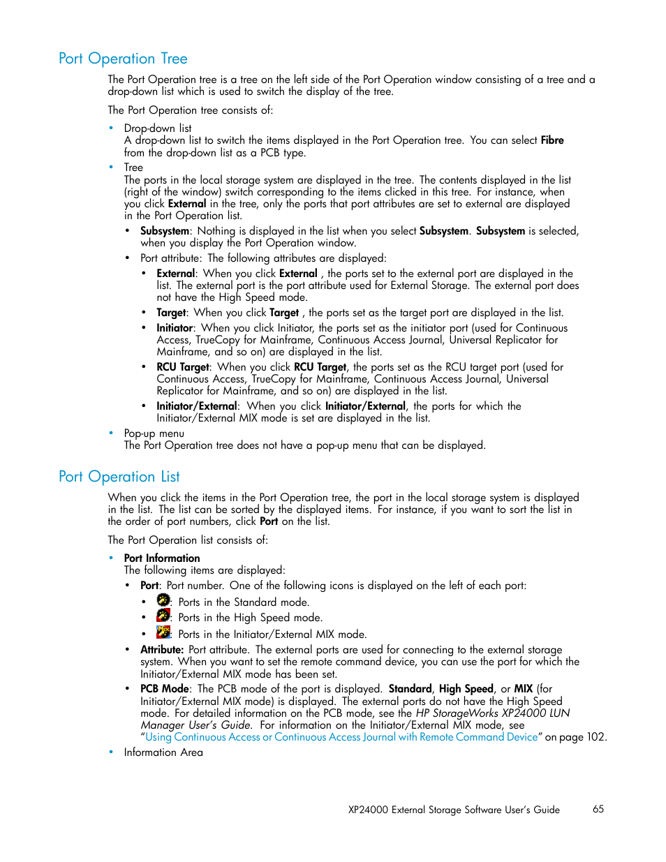 Port operation tree, Port operation list | HP XP External Storage Software User Manual | Page 65 / 138