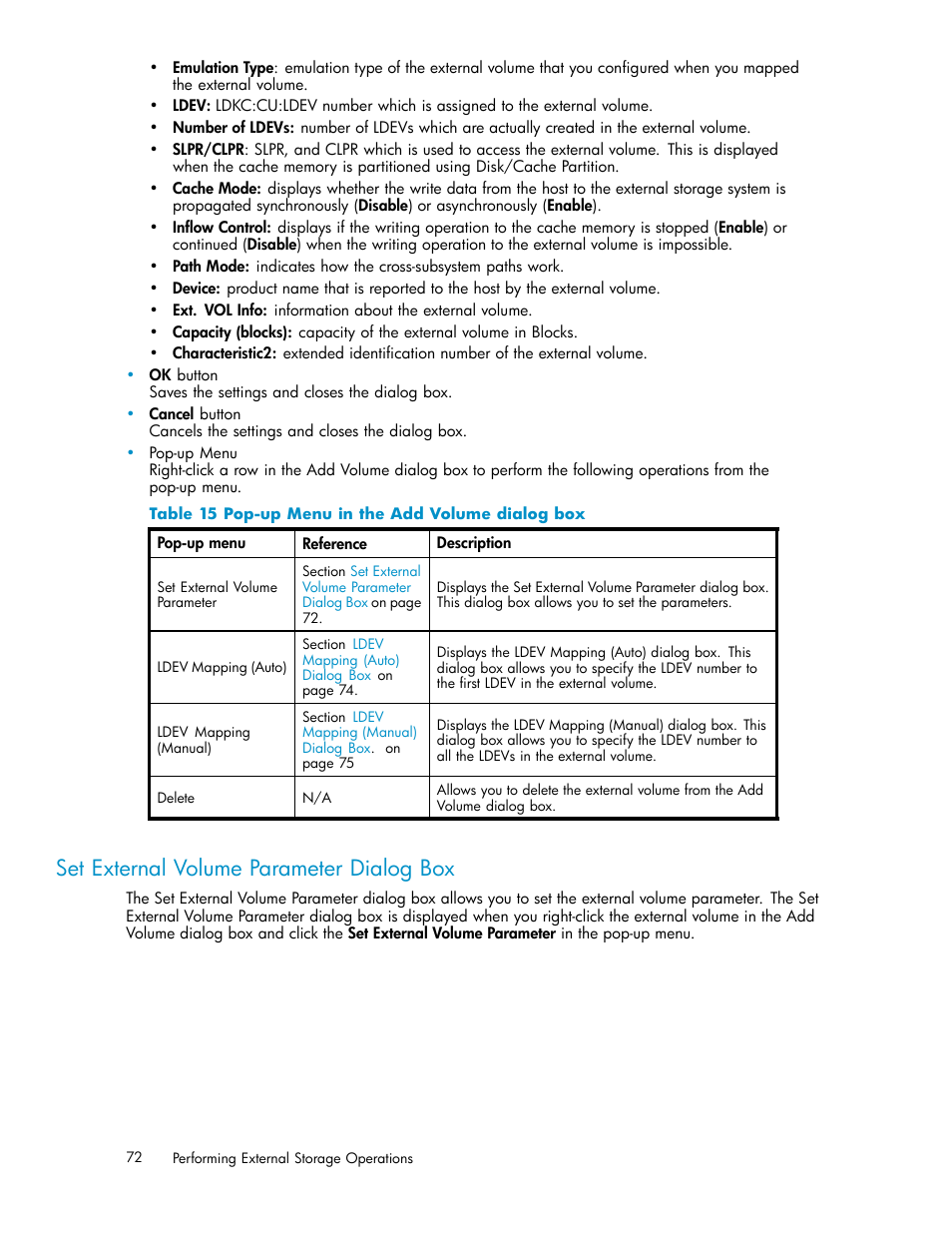 Set external volume parameter dialog box, 15 pop-up menu in the add volume dialog box | HP XP External Storage Software User Manual | Page 72 / 138