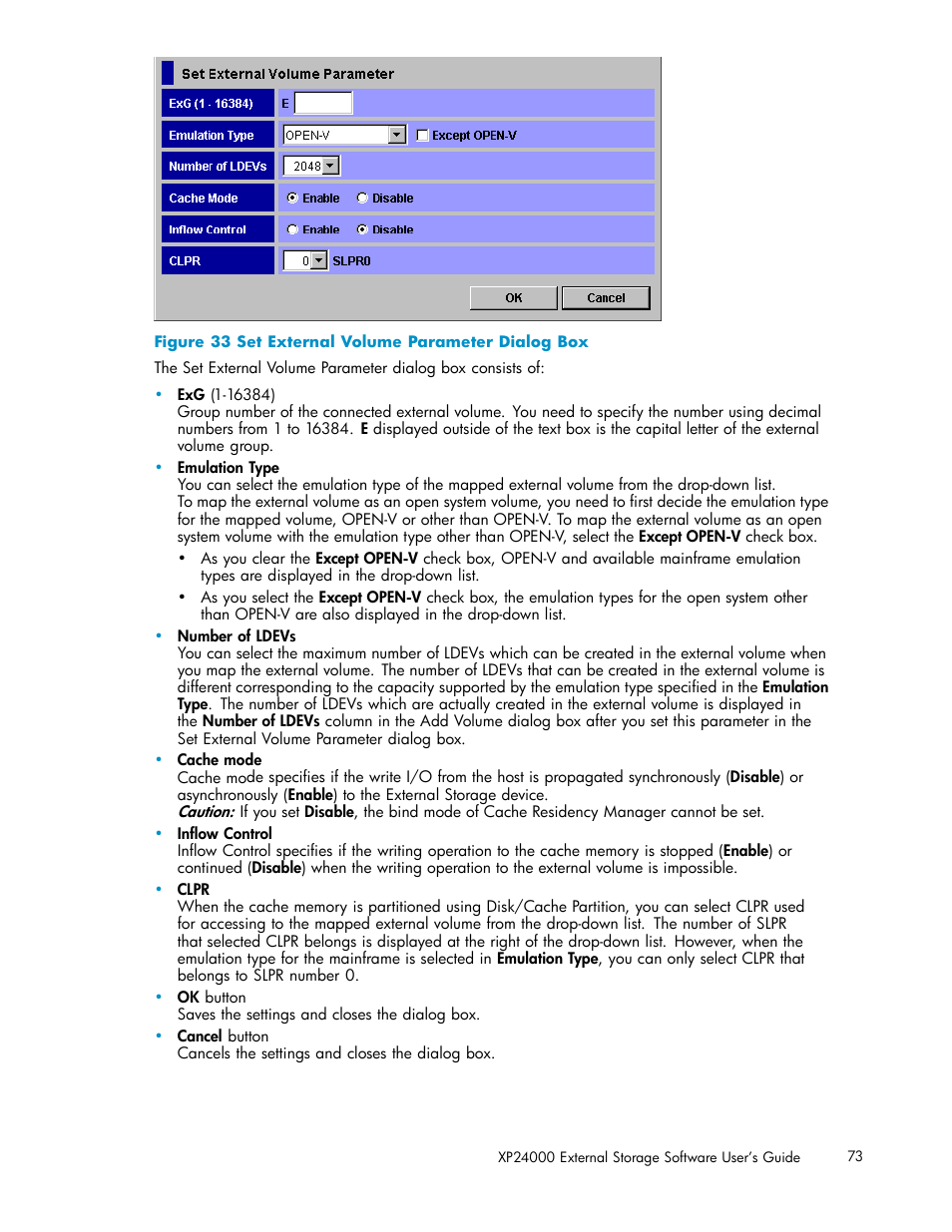 33 set external volume parameter dialog box | HP XP External Storage Software User Manual | Page 73 / 138