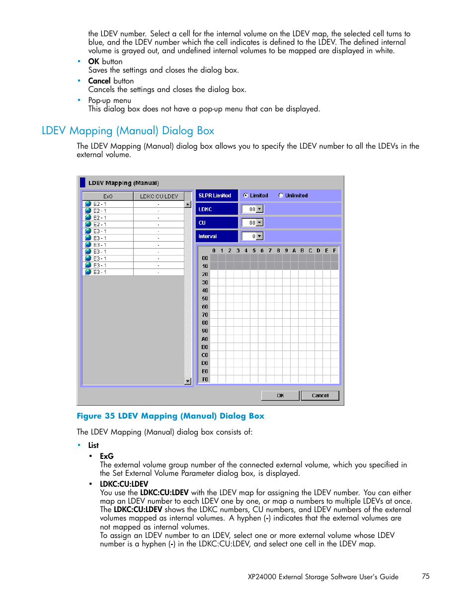 Ldev mapping (manual) dialog box, 35 ldev mapping (manual) dialog box, Ldev | Mapping (manual), Dialog box | HP XP External Storage Software User Manual | Page 75 / 138