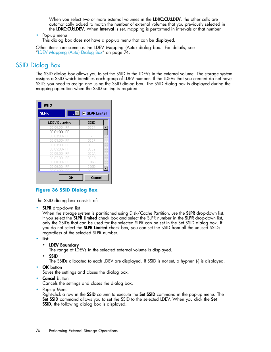 Ssid dialog box, 36 ssid dialog box | HP XP External Storage Software User Manual | Page 76 / 138