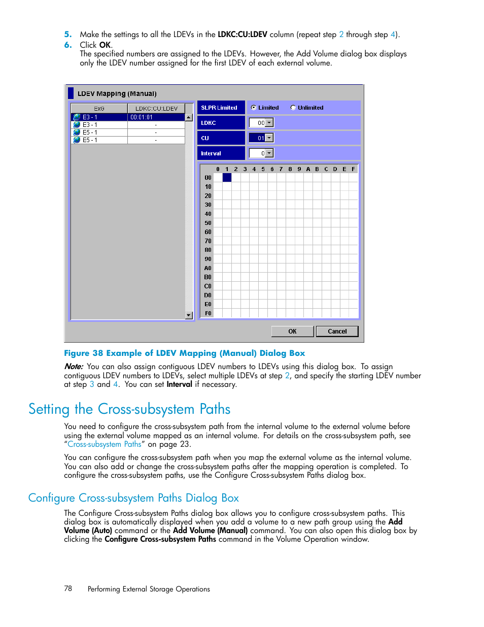 Setting the cross-subsystem paths, Conﬁgure cross-subsystem paths dialog box, 38 example of ldev mapping (manual) dialog box | Conﬁgure, Cross-subsystem, Paths dialog box | HP XP External Storage Software User Manual | Page 78 / 138