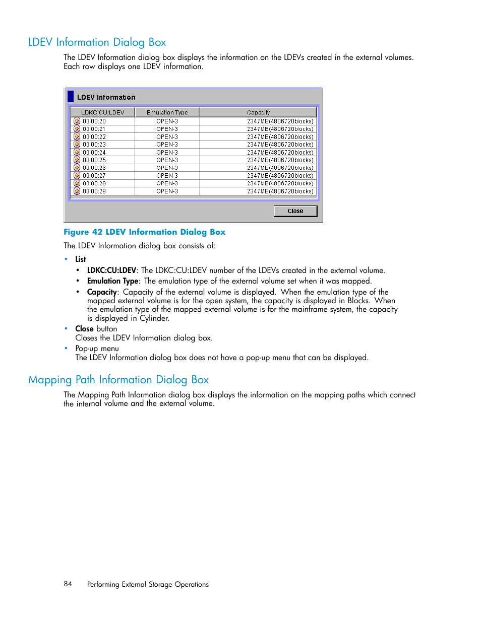 Ldev information dialog box, Mapping path information dialog box, 42 ldev information dialog box | HP XP External Storage Software User Manual | Page 84 / 138