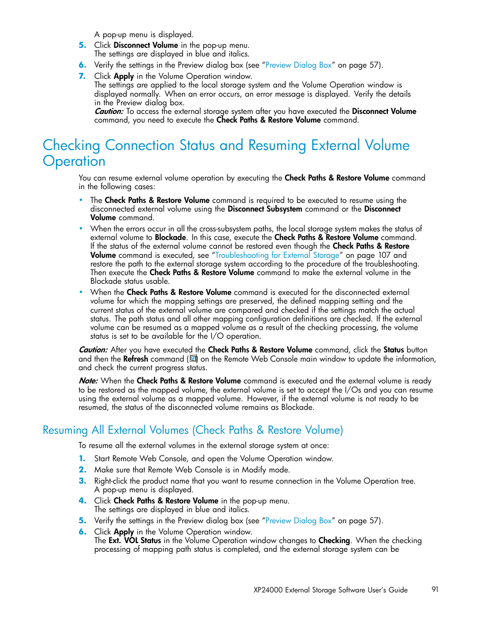 Checking, Connection status, And resuming | External volume, Operation | HP XP External Storage Software User Manual | Page 91 / 138