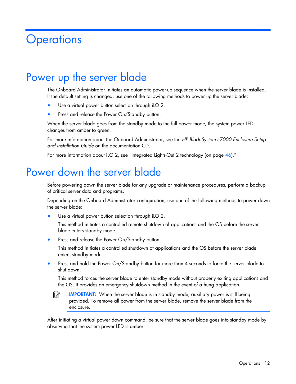Operations, Power up the server blade, Power down the server blade | HP ProLiant BL465c G5 Server-Blade User Manual | Page 12 / 92