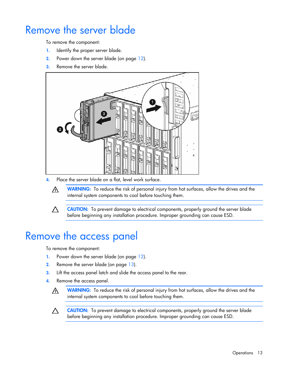 Remove the server blade, Remove the access panel | HP ProLiant BL465c G5 Server-Blade User Manual | Page 13 / 92