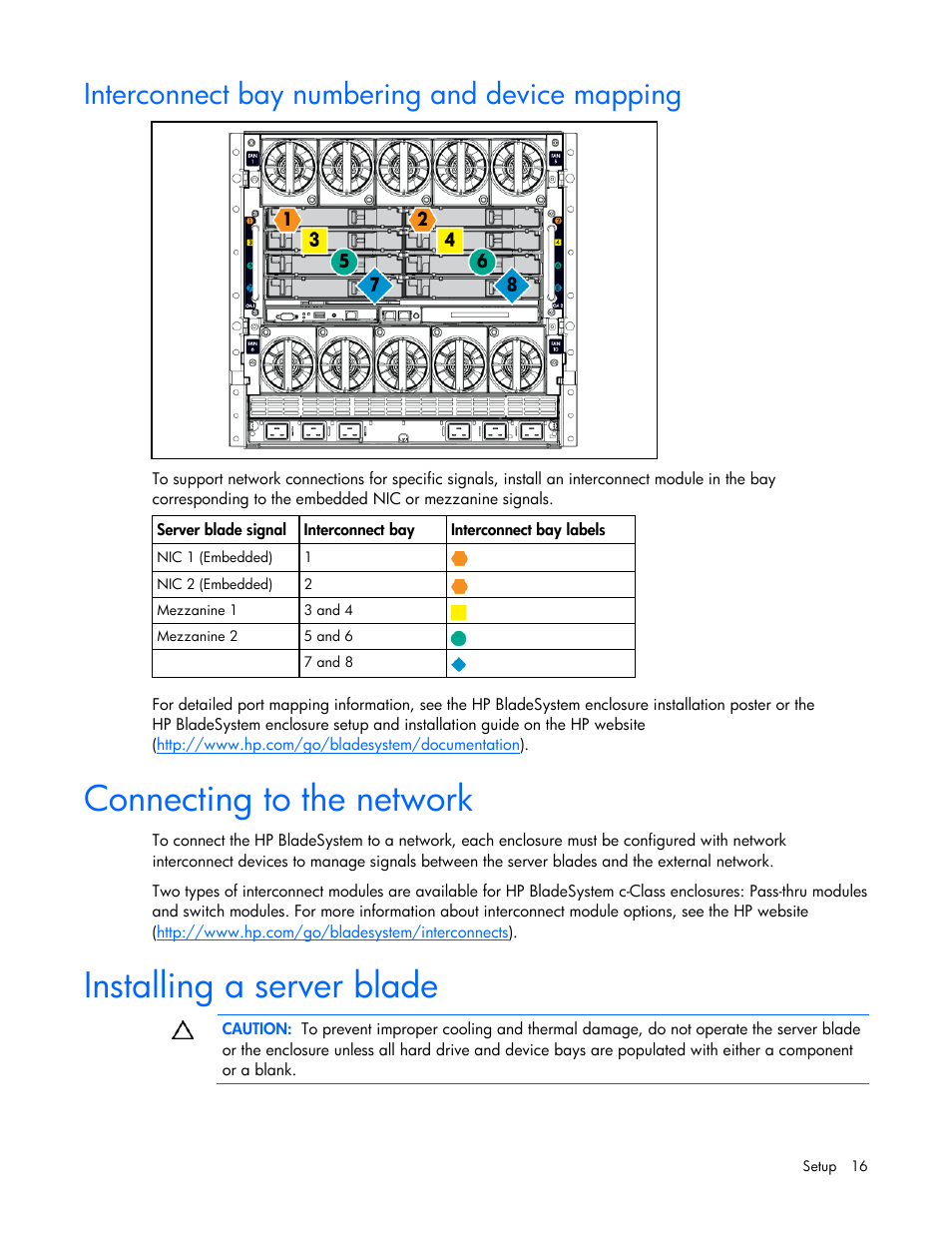 Interconnect bay numbering and device mapping, Connecting to the network, Installing a server blade | HP ProLiant BL465c G5 Server-Blade User Manual | Page 16 / 92
