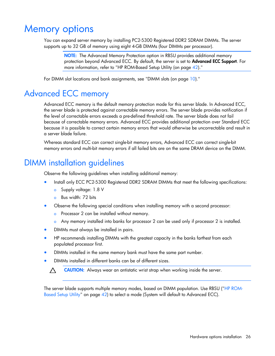 Memory options, Advanced ecc memory, Dimm installation guidelines | HP ProLiant BL465c G5 Server-Blade User Manual | Page 26 / 92
