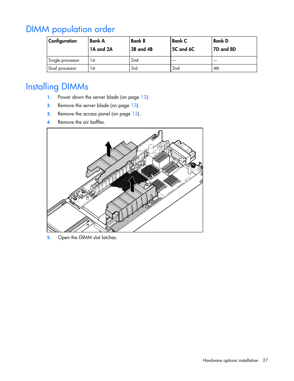 Dimm population order, Installing dimms | HP ProLiant BL465c G5 Server-Blade User Manual | Page 27 / 92