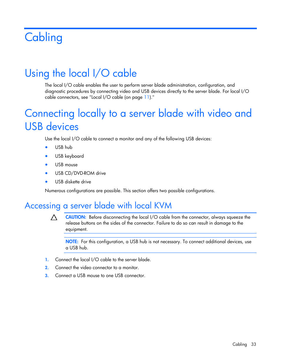 Cabling, Using the local i/o cable, Accessing a server blade with local kvm | HP ProLiant BL465c G5 Server-Blade User Manual | Page 33 / 92