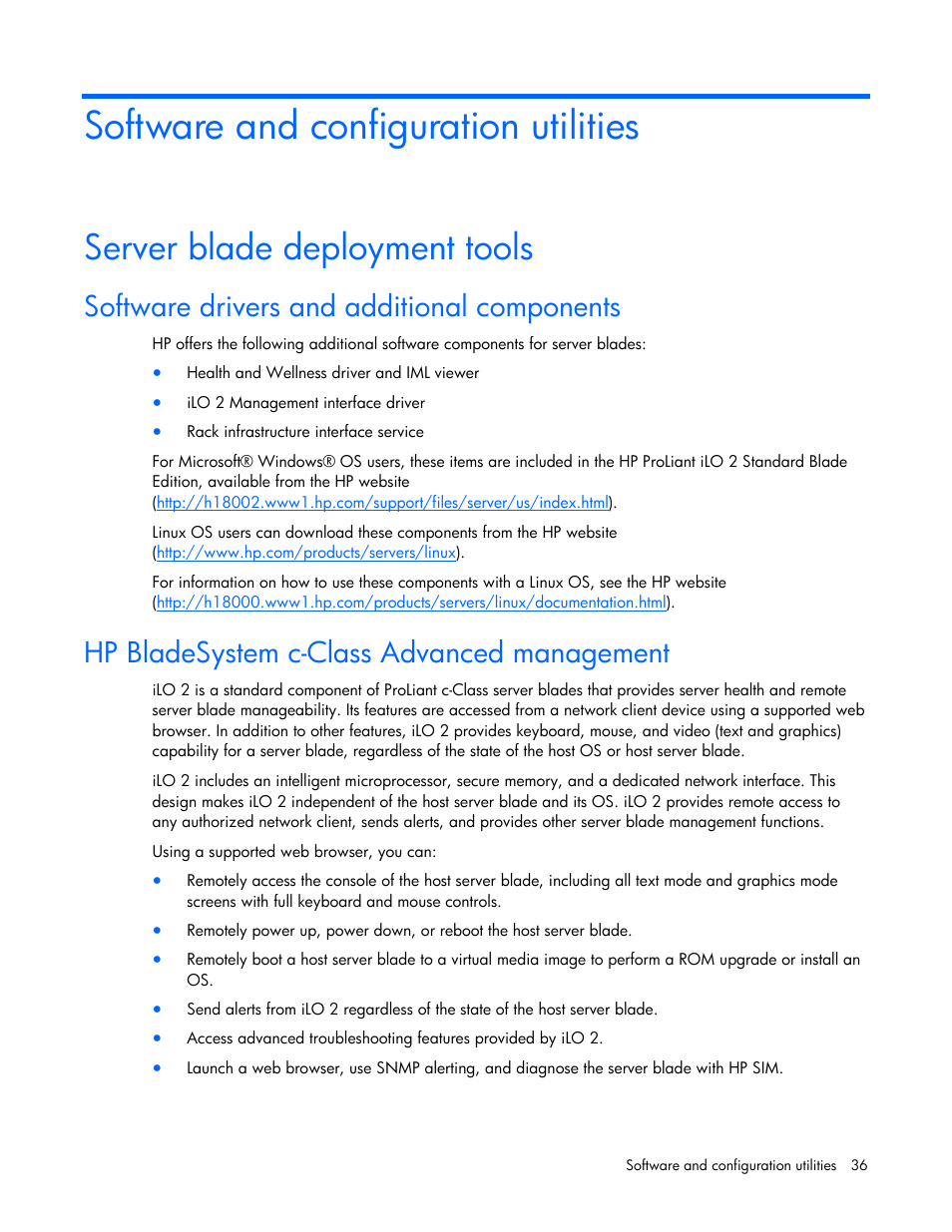 Software and configuration utilities, Server blade deployment tools, Software drivers and additional components | Hp bladesystem c-class advanced management | HP ProLiant BL465c G5 Server-Blade User Manual | Page 36 / 92