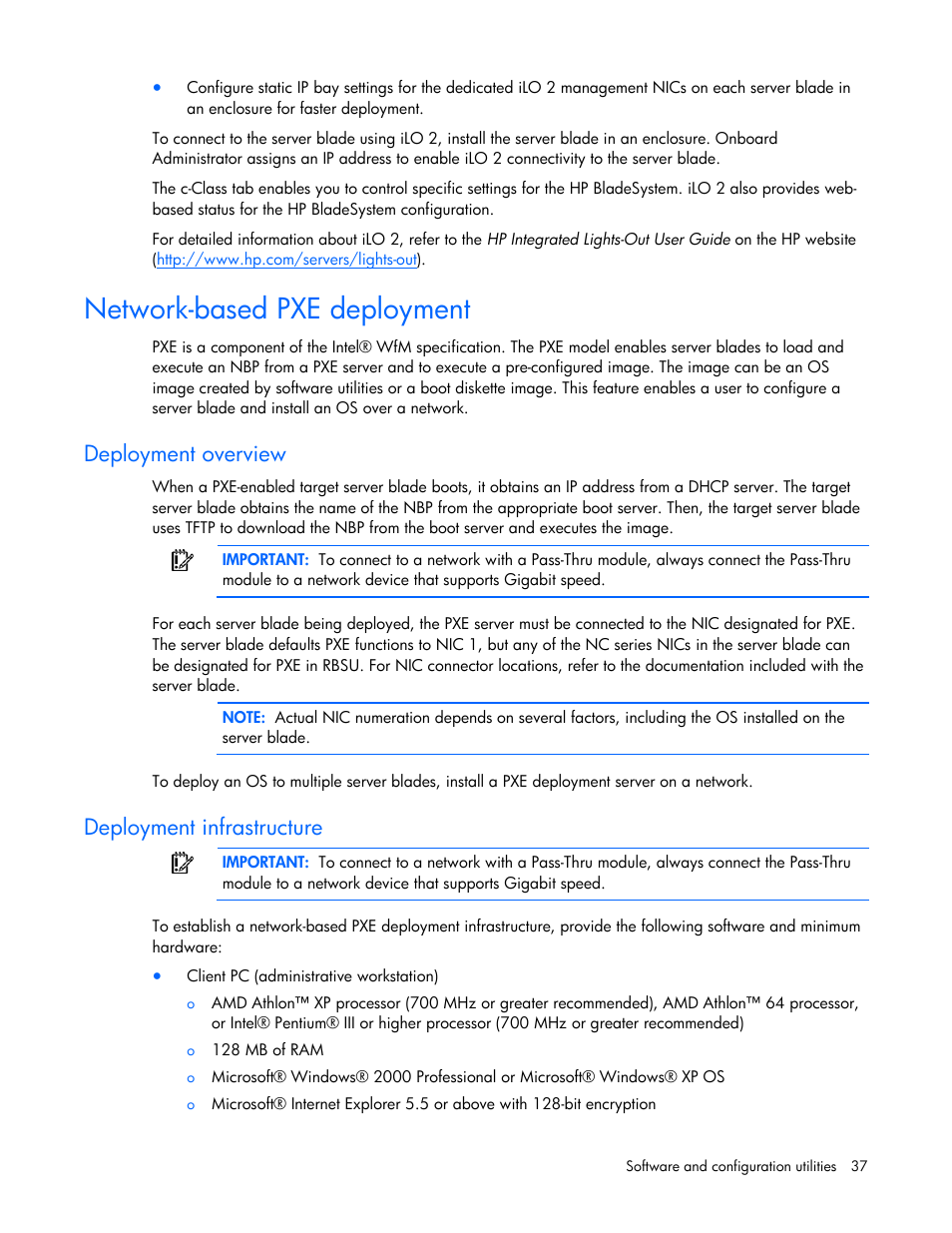 Network-based pxe deployment, Deployment overview, Deployment infrastructure | HP ProLiant BL465c G5 Server-Blade User Manual | Page 37 / 92