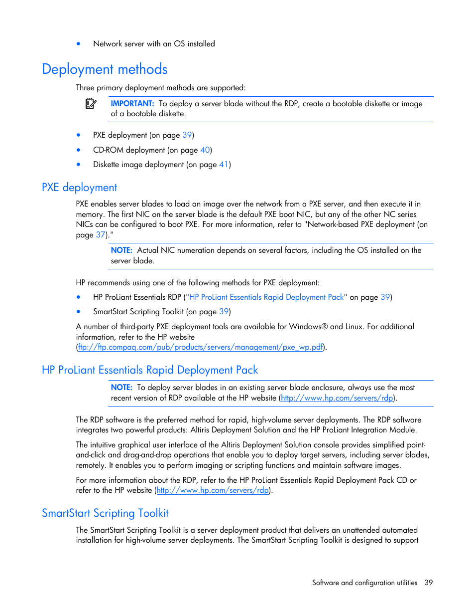 Deployment methods, Pxe deployment, Hp proliant essentials rapid deployment pack | Smartstart scripting toolkit | HP ProLiant BL465c G5 Server-Blade User Manual | Page 39 / 92