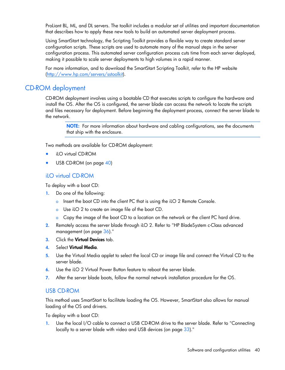 Cd-rom deployment | HP ProLiant BL465c G5 Server-Blade User Manual | Page 40 / 92