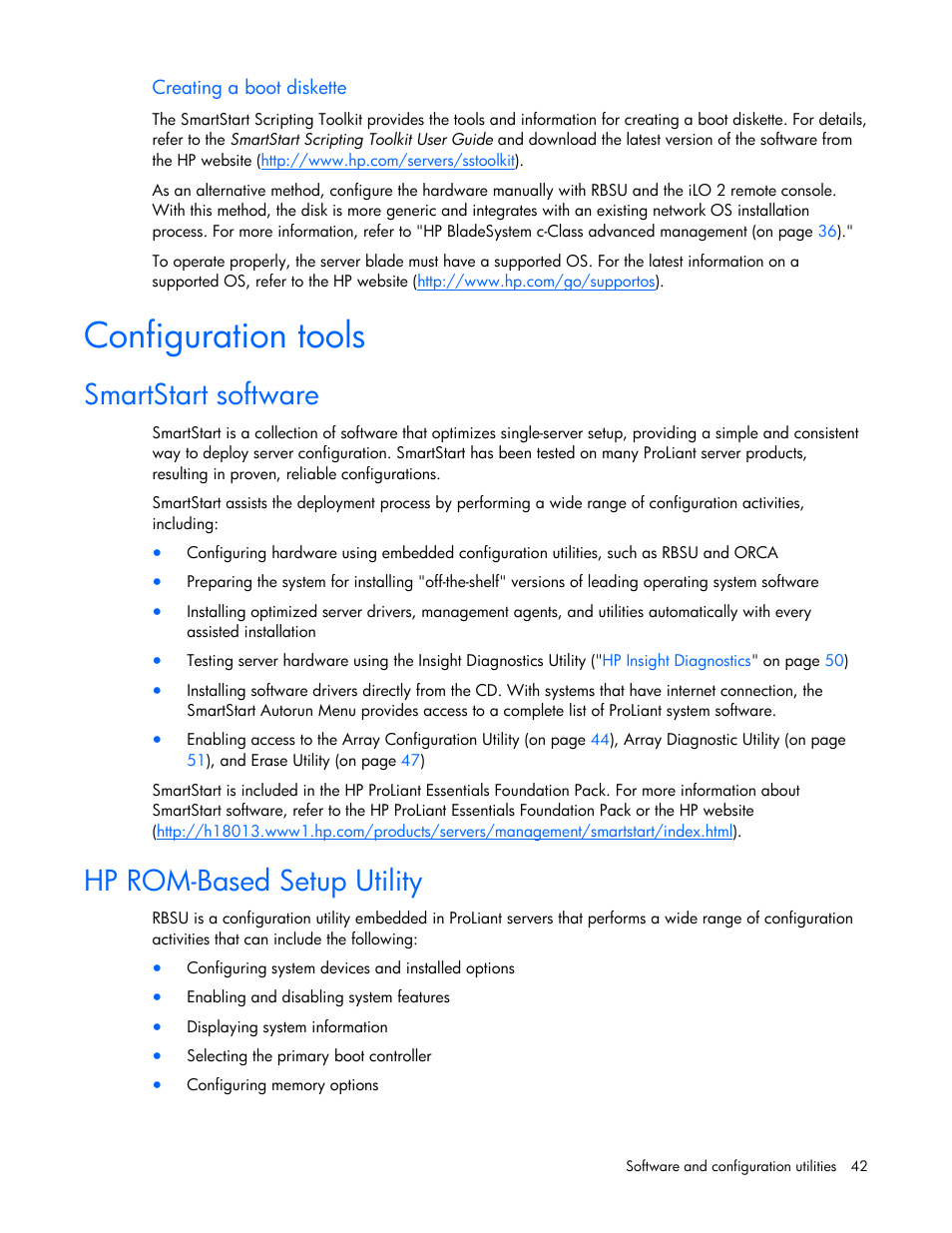 Configuration tools, Smartstart software, Hp rom-based setup utility | Lation. use rbsu, Hp rom, Based setup utility, To selec | HP ProLiant BL465c G5 Server-Blade User Manual | Page 42 / 92