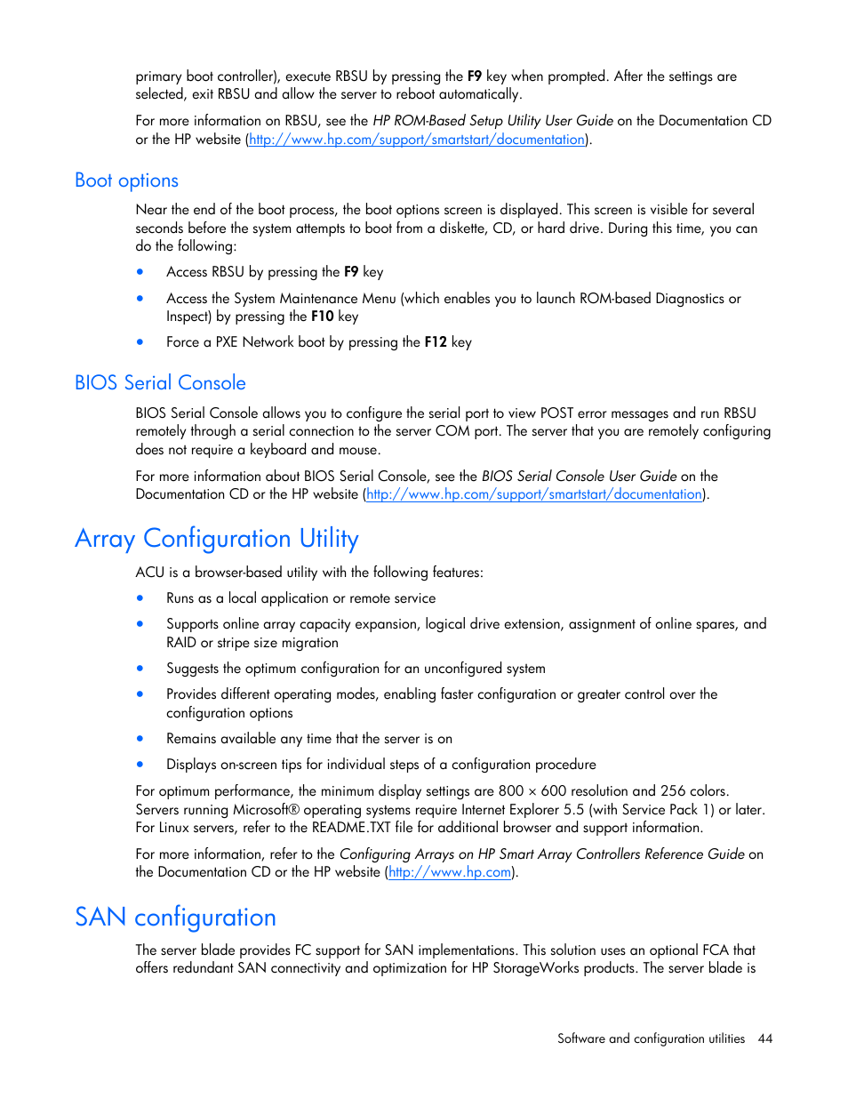 Array configuration utility, San configuration, Boot options | Bios serial console | HP ProLiant BL465c G5 Server-Blade User Manual | Page 44 / 92