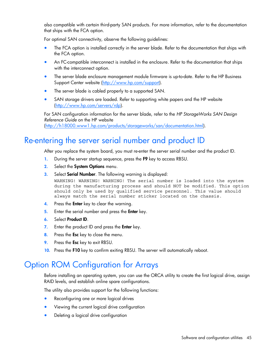 Option rom configuration for arrays | HP ProLiant BL465c G5 Server-Blade User Manual | Page 45 / 92