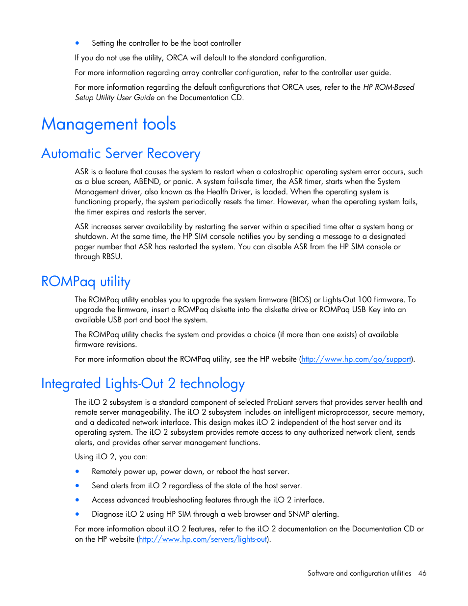 Management tools, Automatic server recovery, Rompaq utility | Integrated lights-out 2 technology | HP ProLiant BL465c G5 Server-Blade User Manual | Page 46 / 92