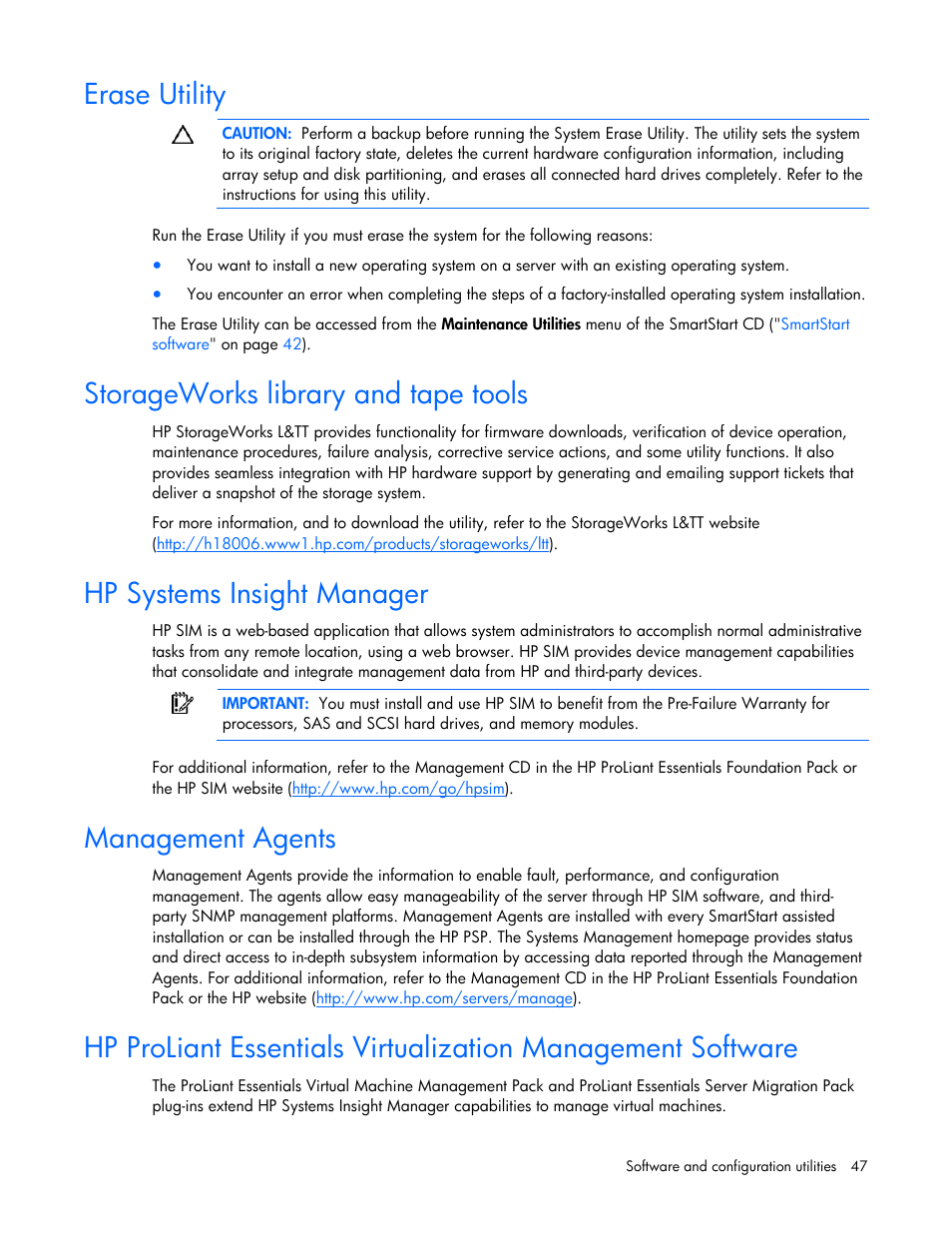 Erase utility, Storageworks library and tape tools, Hp systems insight manager | Management agents | HP ProLiant BL465c G5 Server-Blade User Manual | Page 47 / 92