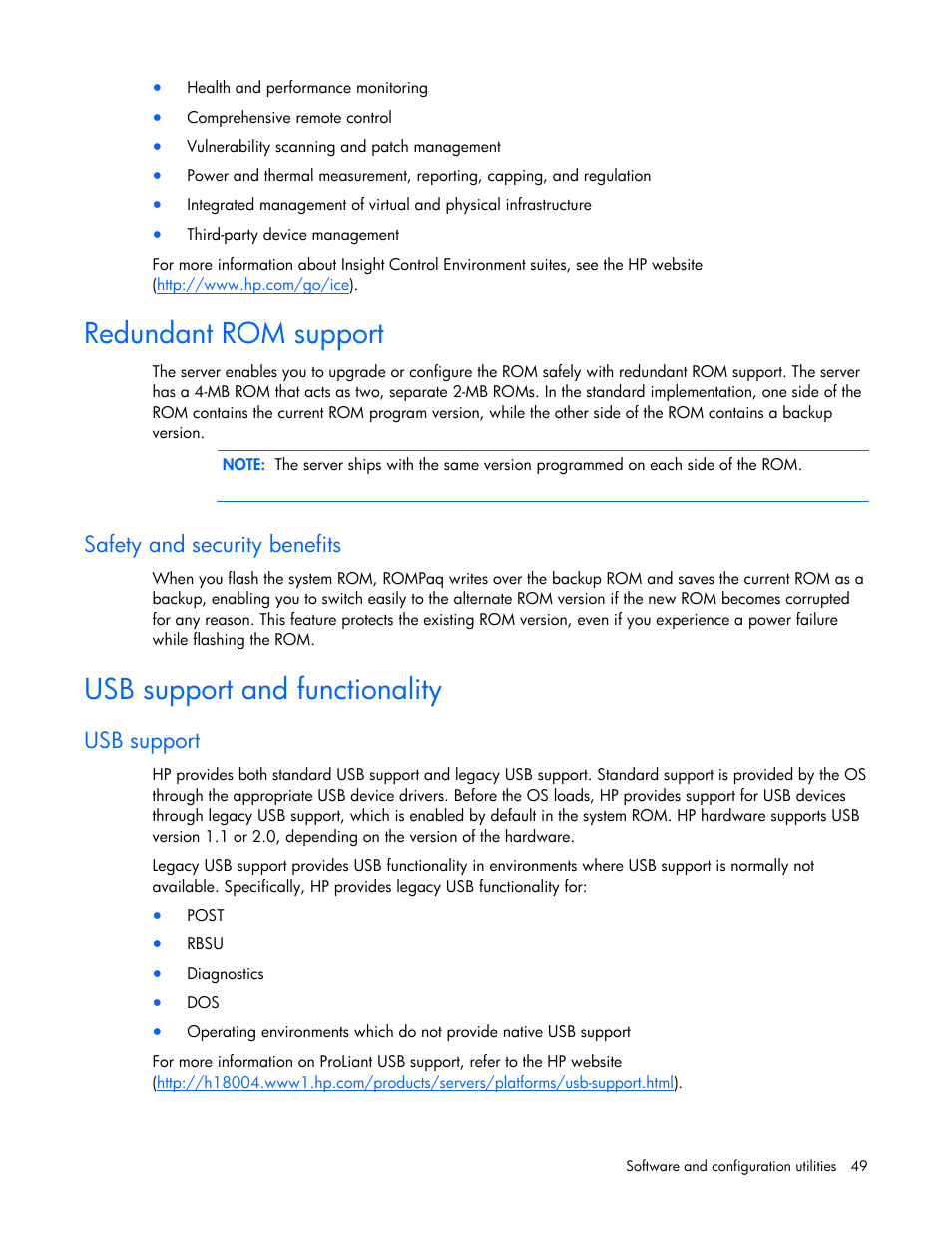 Redundant rom support, Usb support and functionality, Safety and security benefits | Usb support | HP ProLiant BL465c G5 Server-Blade User Manual | Page 49 / 92