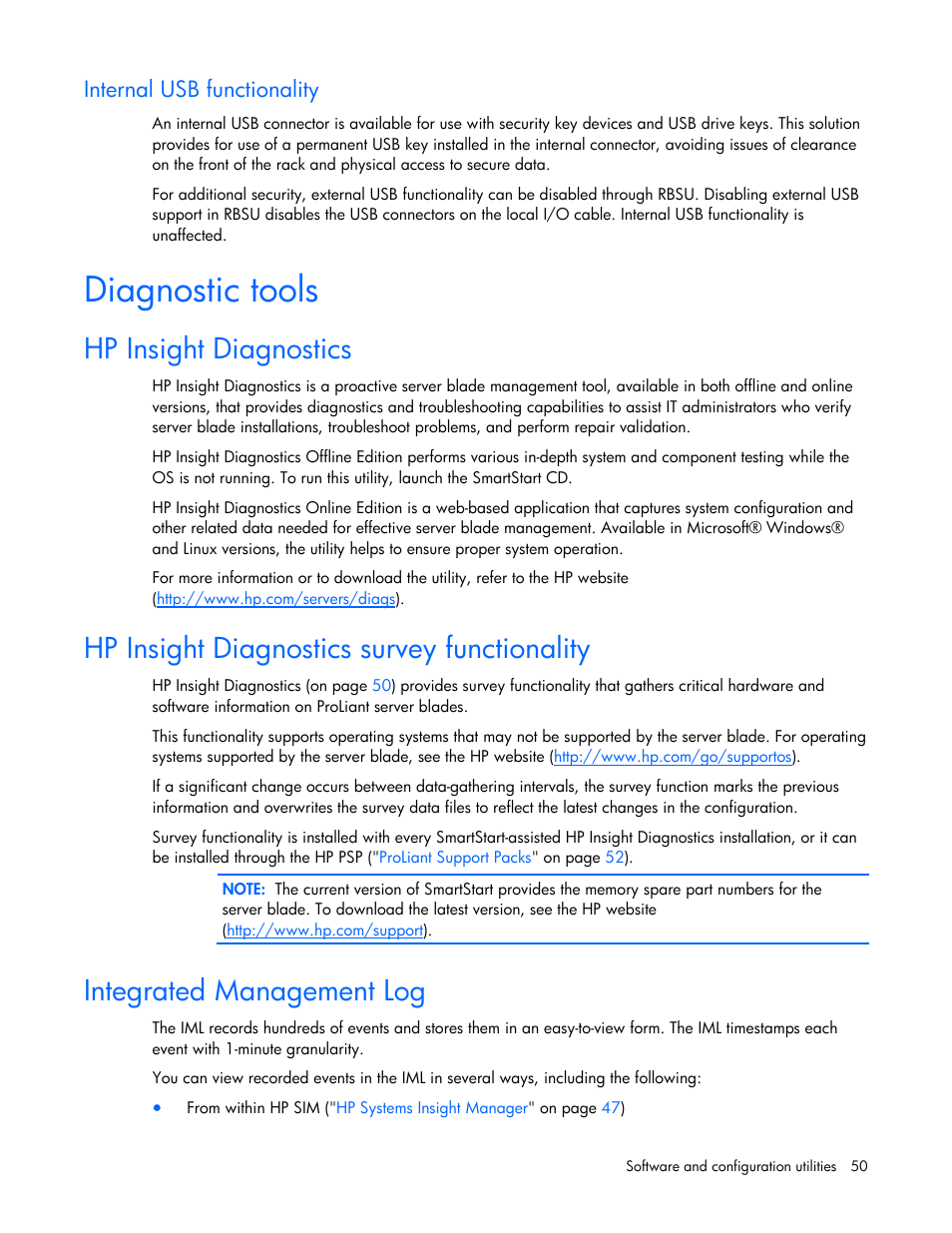 Diagnostic tools, Hp insight diagnostics, Hp insight diagnostics survey functionality | Integrated management log, S utility, Internal usb functionality | HP ProLiant BL465c G5 Server-Blade User Manual | Page 50 / 92