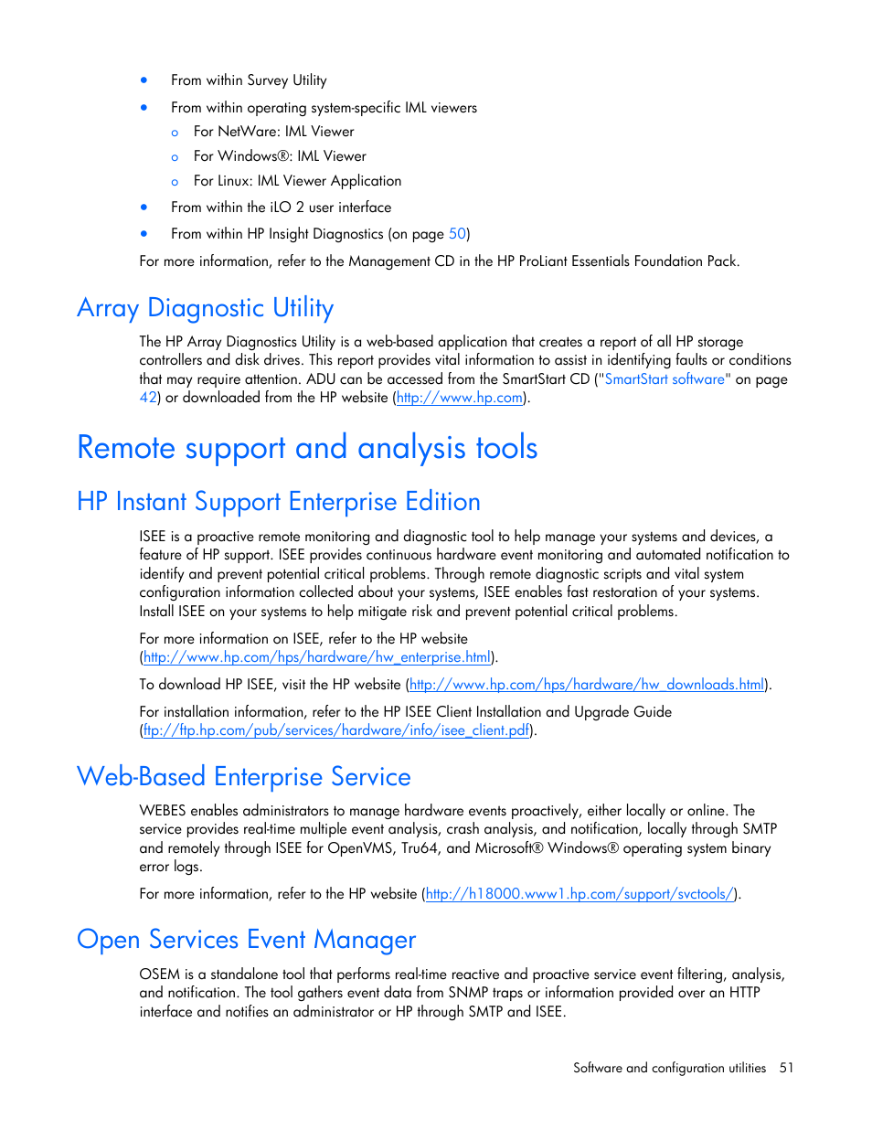Array diagnostic utility, Remote support and analysis tools, Hp instant support enterprise edition | Web-based enterprise service, Open services event manager | HP ProLiant BL465c G5 Server-Blade User Manual | Page 51 / 92