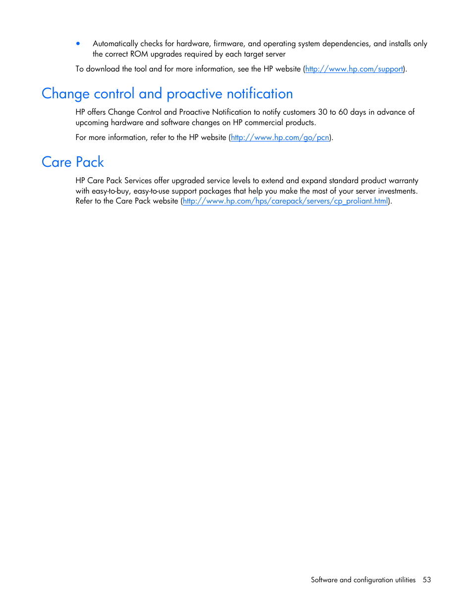 Change control and proactive notification, Care pack | HP ProLiant BL465c G5 Server-Blade User Manual | Page 53 / 92