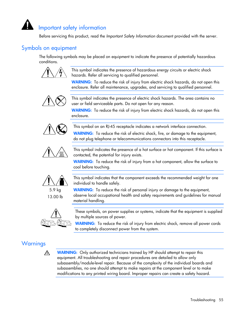 Important safety information, Symbols on equipment, Warnings | HP ProLiant BL465c G5 Server-Blade User Manual | Page 55 / 92