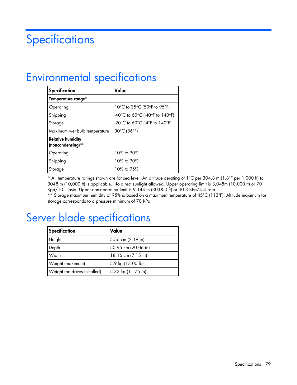 Specifications, Environmental specifications, Server blade specifications | HP ProLiant BL465c G5 Server-Blade User Manual | Page 79 / 92