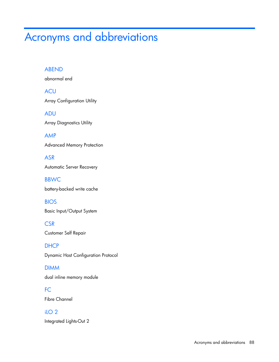 Acronyms and abbreviations | HP ProLiant BL465c G5 Server-Blade User Manual | Page 88 / 92