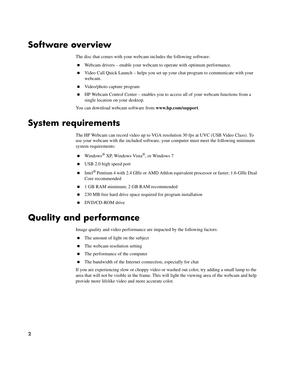 Software overview, System requirements, Quality and performance | HP 1300 Webcam User Manual | Page 4 / 10