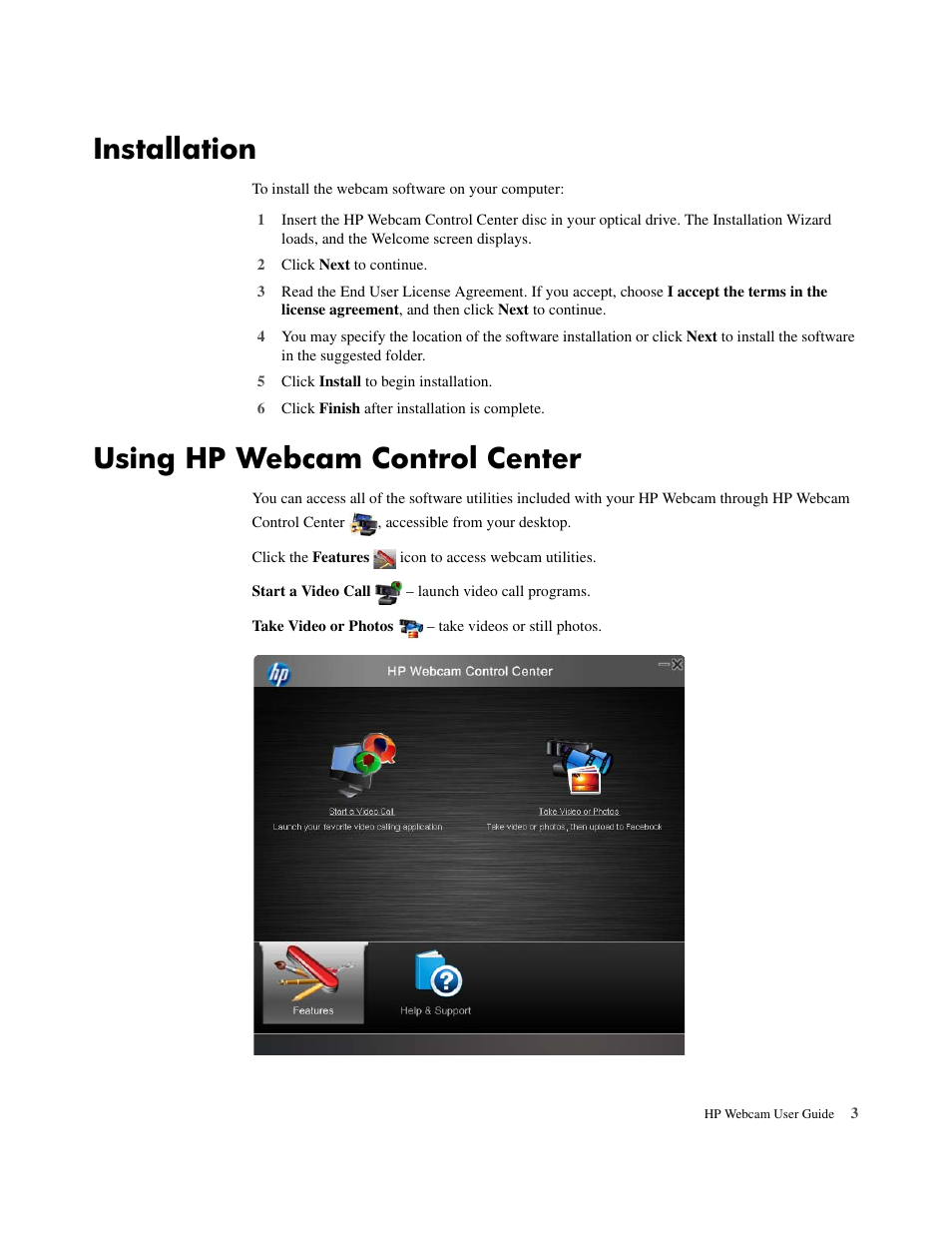 Installation, Using hp webcam control center | HP 1300 Webcam User Manual | Page 5 / 10