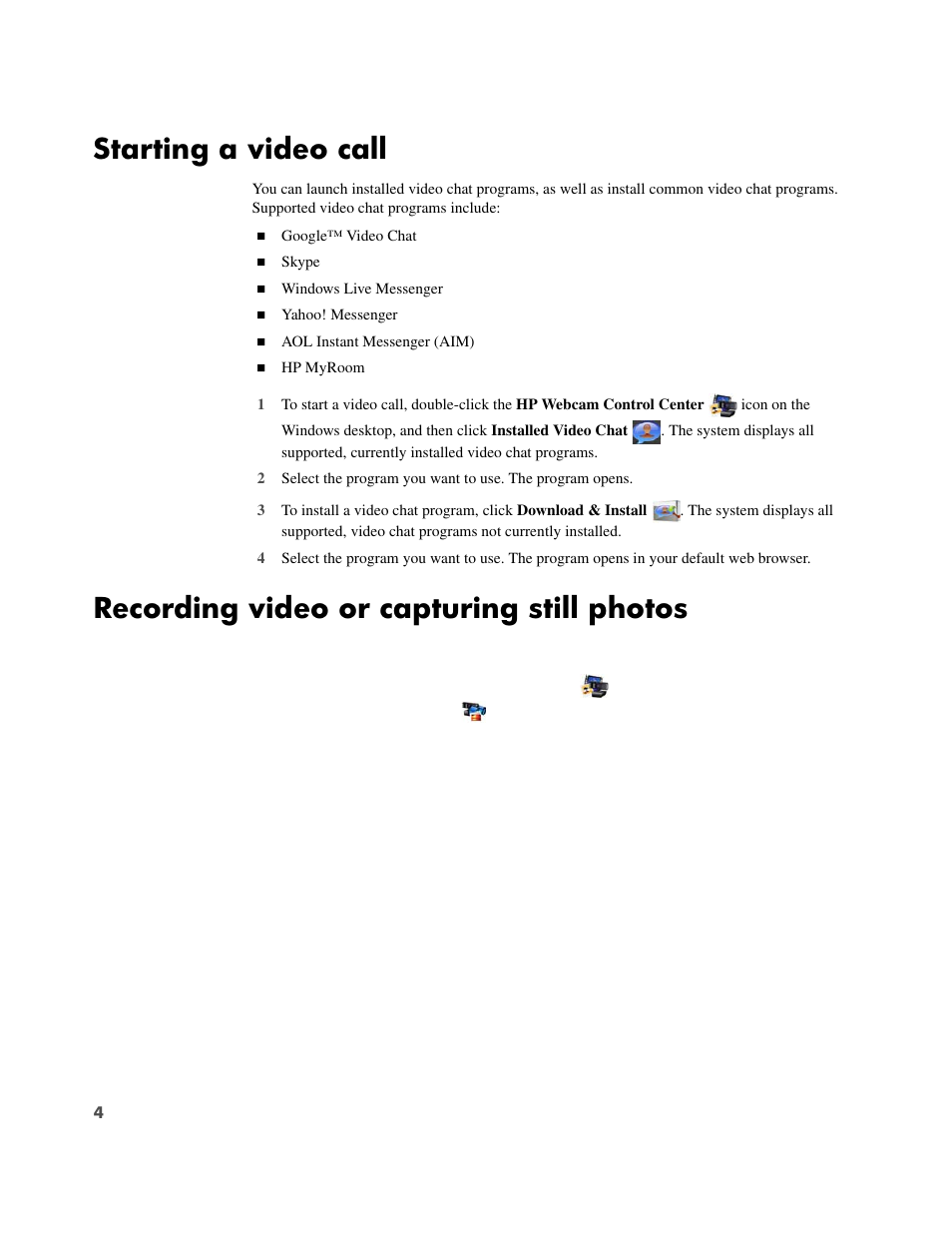 Starting a video call, Recording video or capturing still photos | HP 1300 Webcam User Manual | Page 6 / 10