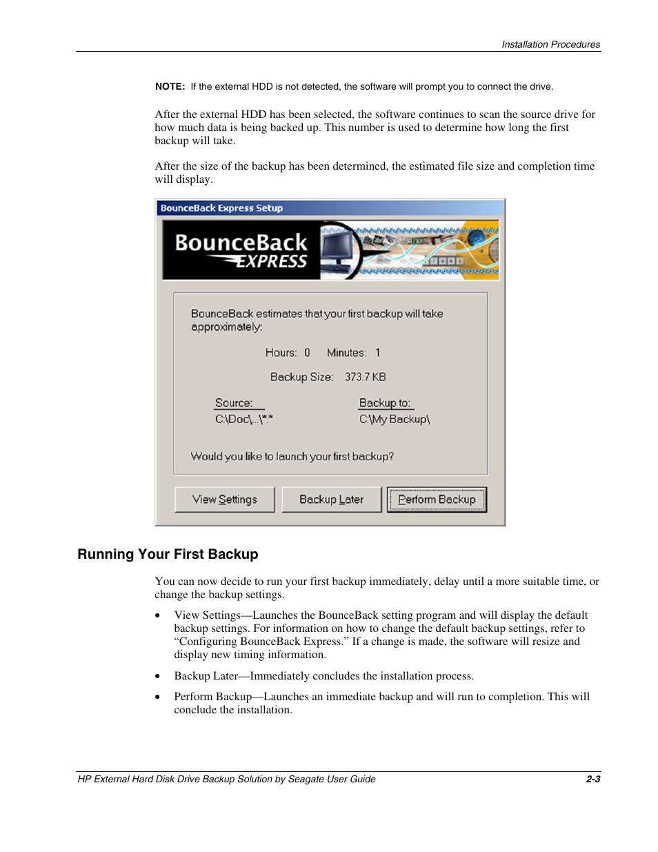 Running your first backup, Running your first backup -3 | HP External Backup Solution by Seagate User Manual | Page 10 / 41