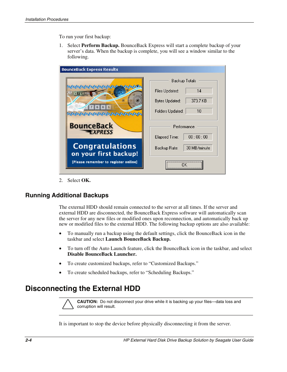Running additional backups, Disconnecting the external hdd, Running additional backups -4 | Disconnecting the external hdd -4 | HP External Backup Solution by Seagate User Manual | Page 11 / 41