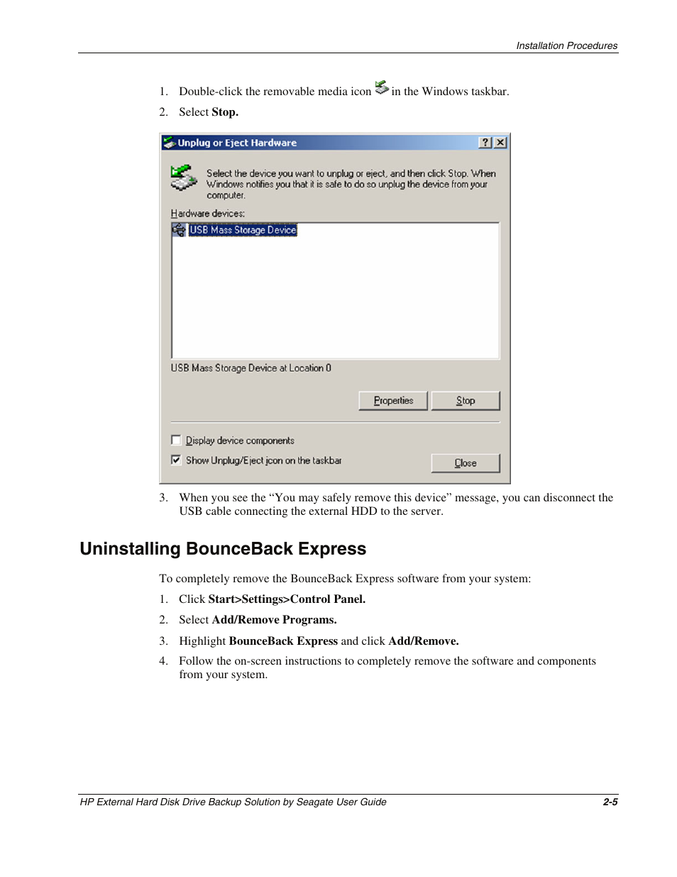 Uninstalling bounceback express, Uninstalling bounceback express -5 | HP External Backup Solution by Seagate User Manual | Page 12 / 41