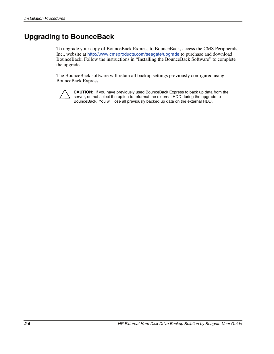 Upgrading to bounceback, Upgrading to bounceback -6 | HP External Backup Solution by Seagate User Manual | Page 13 / 41
