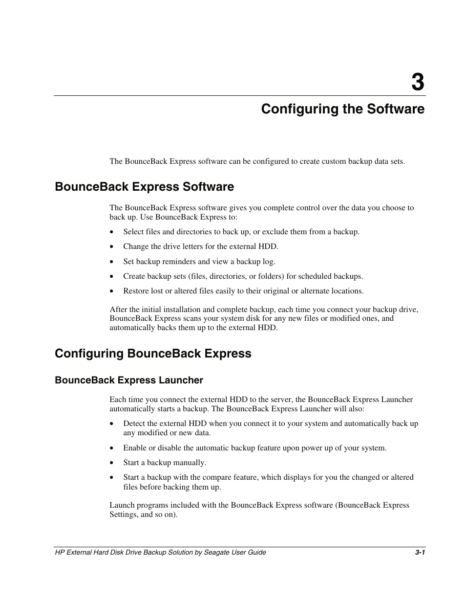 Chapter 3: configuring the software, Bounceback express software, Configuring bounceback express | Bounceback express launcher, Chapter 3, Configuring the software, Bounceback express software -1, Configuring bounceback express -1, Bounceback express launcher -1 | HP External Backup Solution by Seagate User Manual | Page 14 / 41