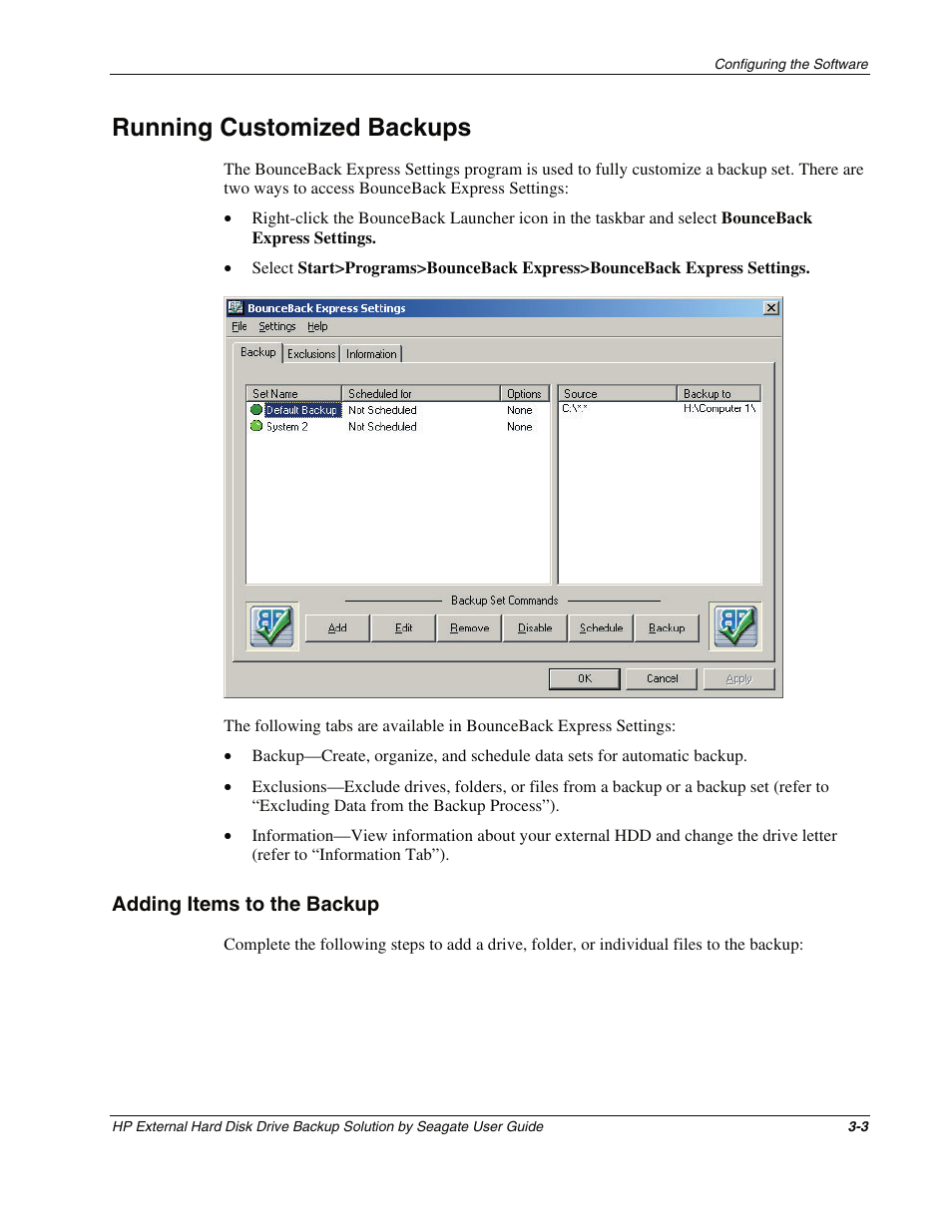 Running customized backups, Adding items to the backup, Running customized backups -3 | Adding items to the backup -3 | HP External Backup Solution by Seagate User Manual | Page 16 / 41