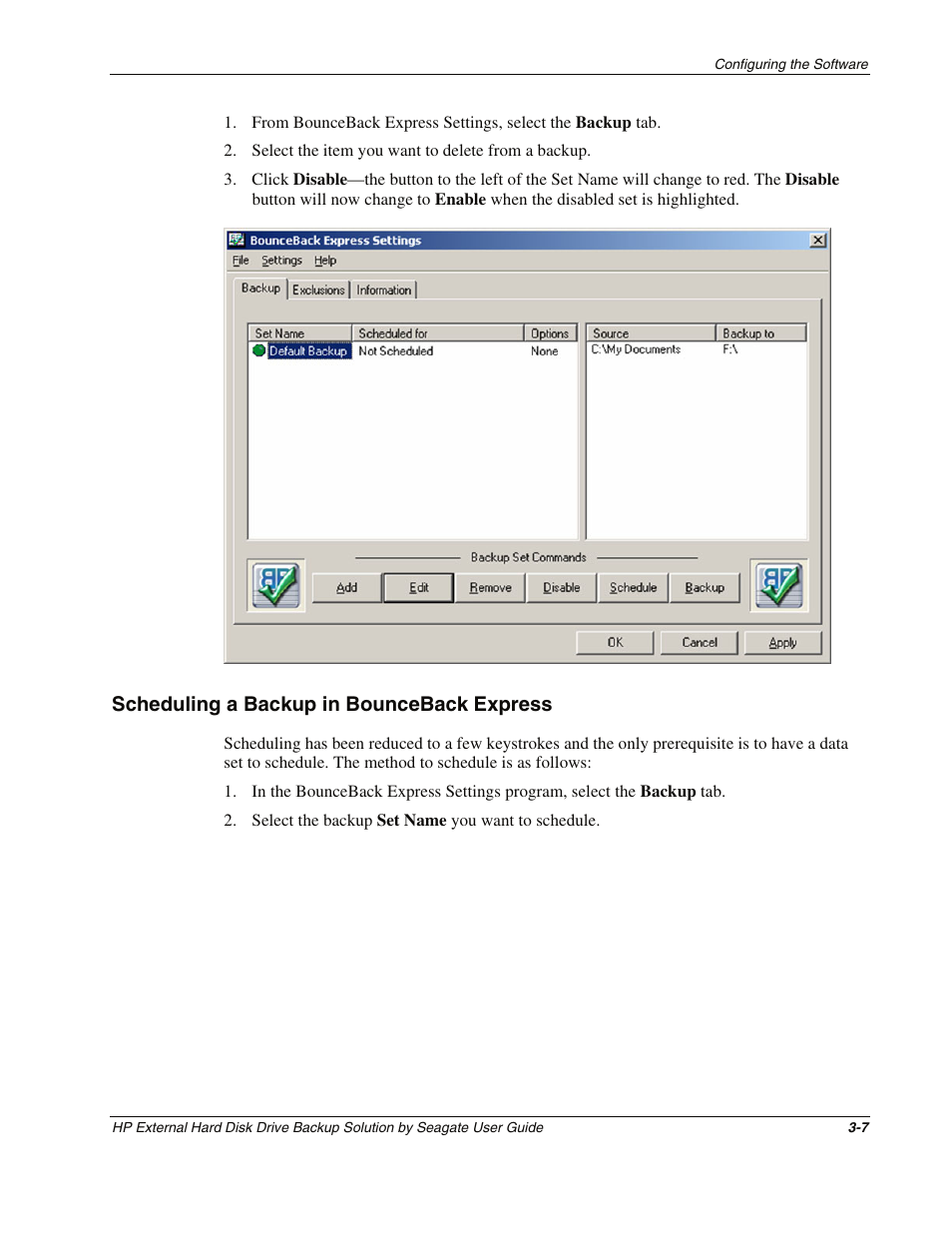 Scheduling a backup in bounceback express, Scheduling a backup in bounceback express -7 | HP External Backup Solution by Seagate User Manual | Page 20 / 41