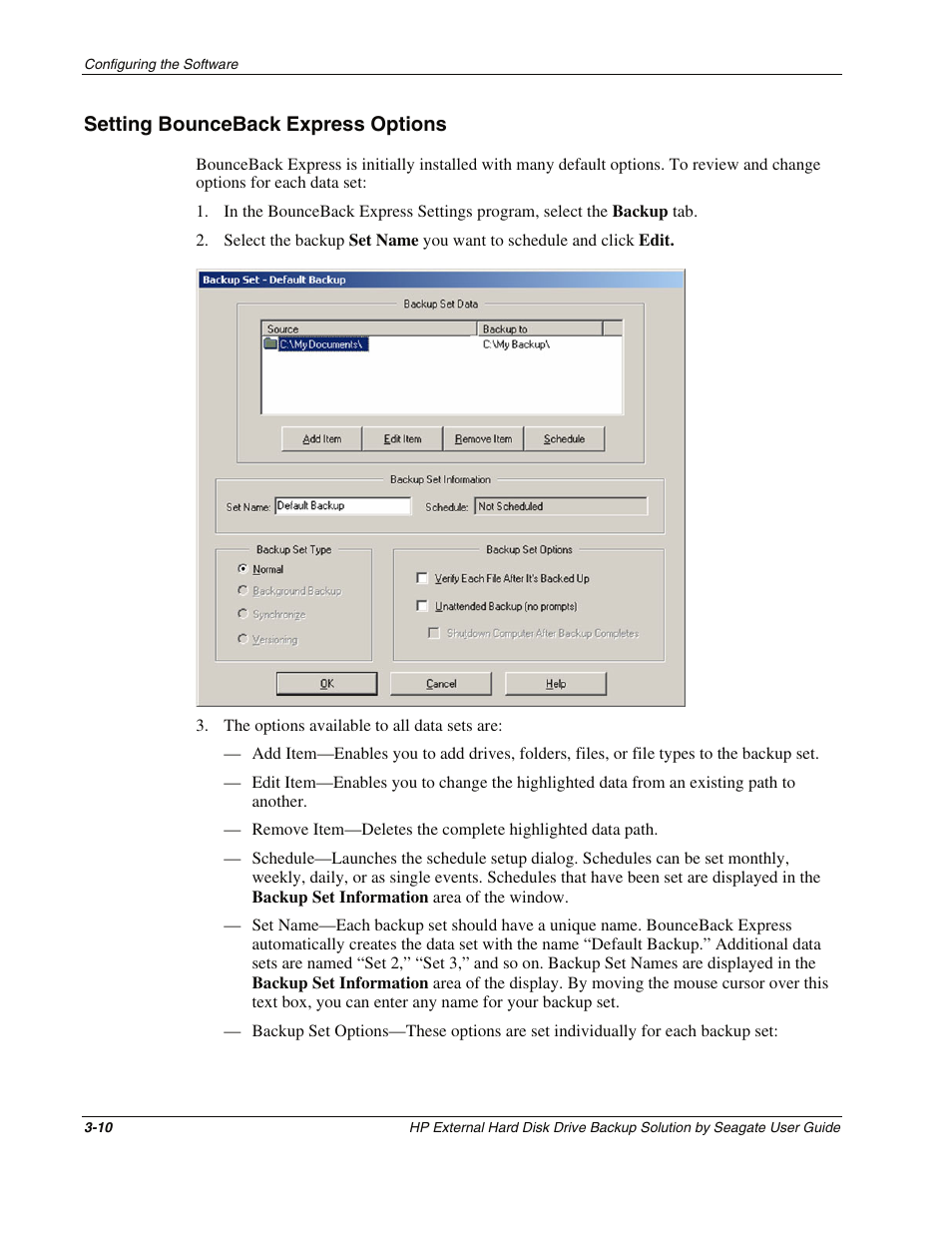 Setting bounceback express options, Setting bounceback express options -10 | HP External Backup Solution by Seagate User Manual | Page 23 / 41