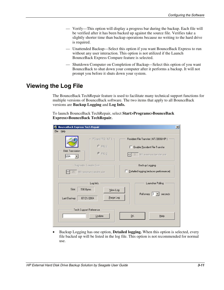 Viewing the log file, Viewing the log file -11 | HP External Backup Solution by Seagate User Manual | Page 24 / 41