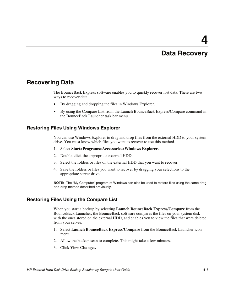 Chapter 4: data recovery, Recovering data, Restoring files using windows explorer | Restoring files using the compare list, Chapter 4, Data recovery, Recovering data -1, Restoring files using windows explorer -1, Restoring files using the compare list -1 | HP External Backup Solution by Seagate User Manual | Page 26 / 41