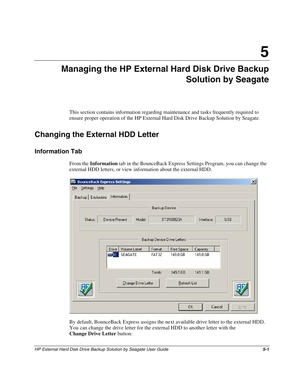 Changing the external hdd letter, Information tab, Chapter 5 | Changing the external hdd letter -1, Information tab -1 | HP External Backup Solution by Seagate User Manual | Page 29 / 41