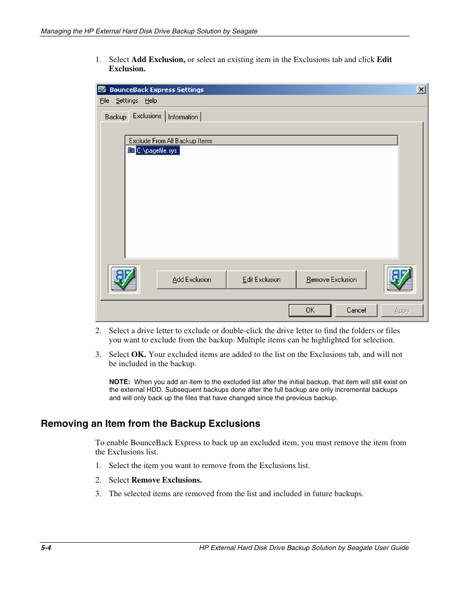 Removing an item from the backup exclusions, Removing an item from the backup exclusions -4 | HP External Backup Solution by Seagate User Manual | Page 32 / 41