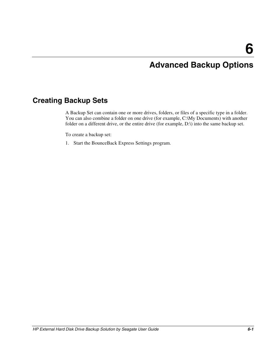 Chapter 6: advanced backup options, Creating backup sets, Chapter 6 | Advanced backup options, Creating backup sets -1 | HP External Backup Solution by Seagate User Manual | Page 33 / 41