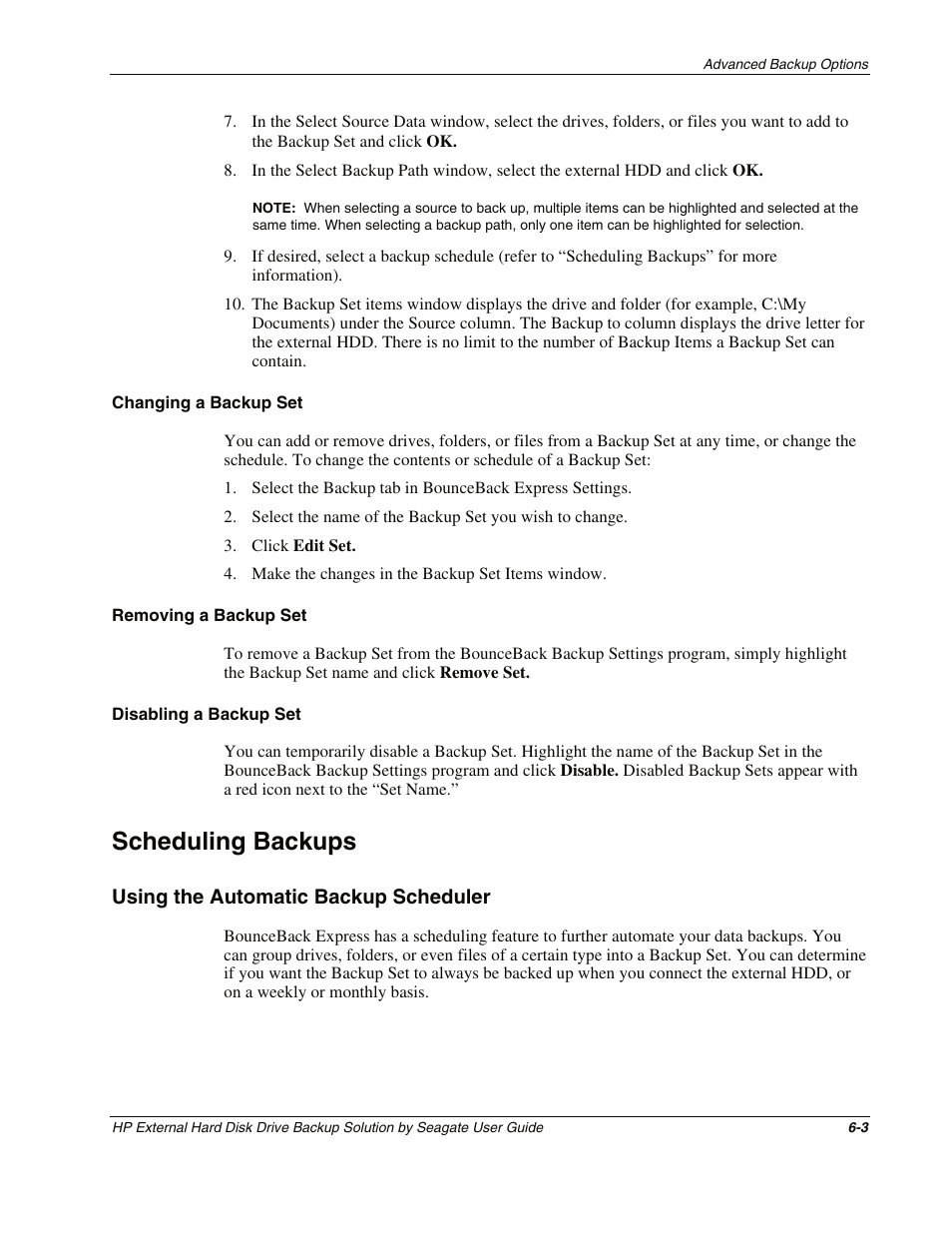 Changing a backup set, Removing a backup set, Disabling a backup set | Scheduling backups, Using the automatic backup scheduler, Scheduling backups -3, Using the automatic backup scheduler -3 | HP External Backup Solution by Seagate User Manual | Page 35 / 41