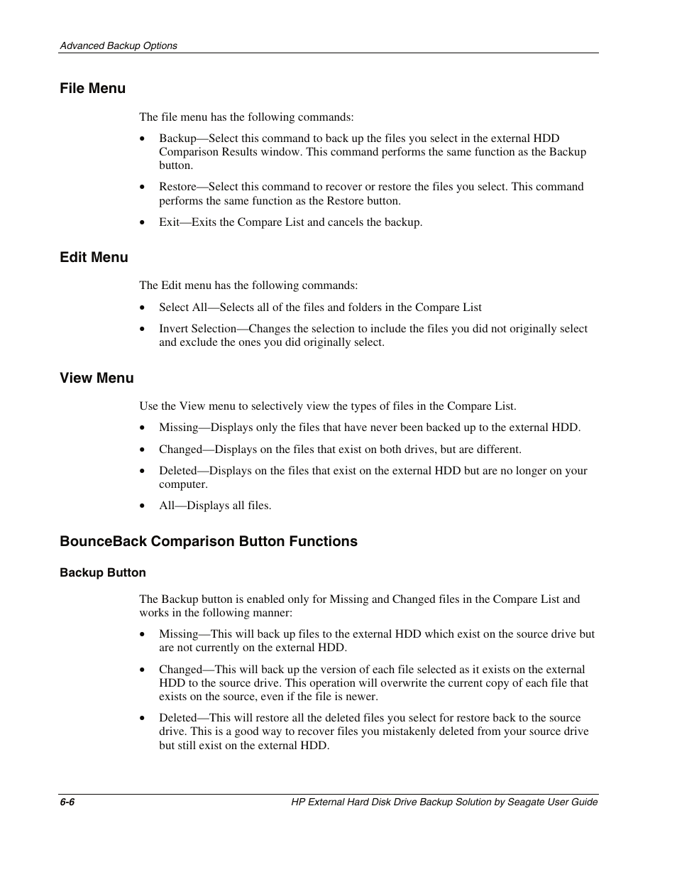 File menu, Edit menu, View menu | Bounceback comparison button functions, Backup button, File menu -6, Edit menu -6, View menu -6, Bounceback comparison button functions -6 | HP External Backup Solution by Seagate User Manual | Page 38 / 41
