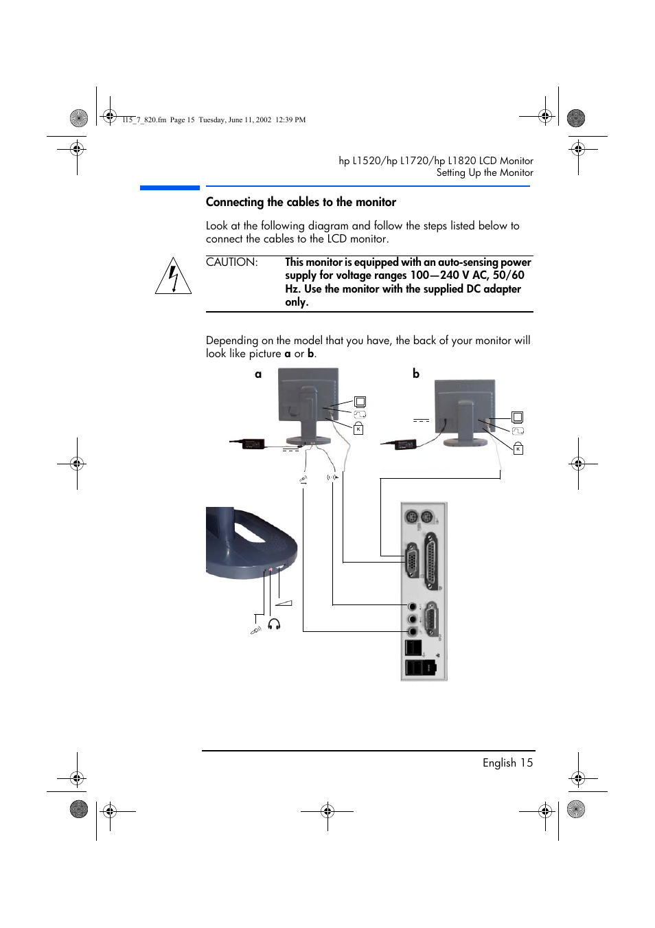 Connecting the cables to the monitor | HP L1820 18 inch LCD Monitor User Manual | Page 16 / 57