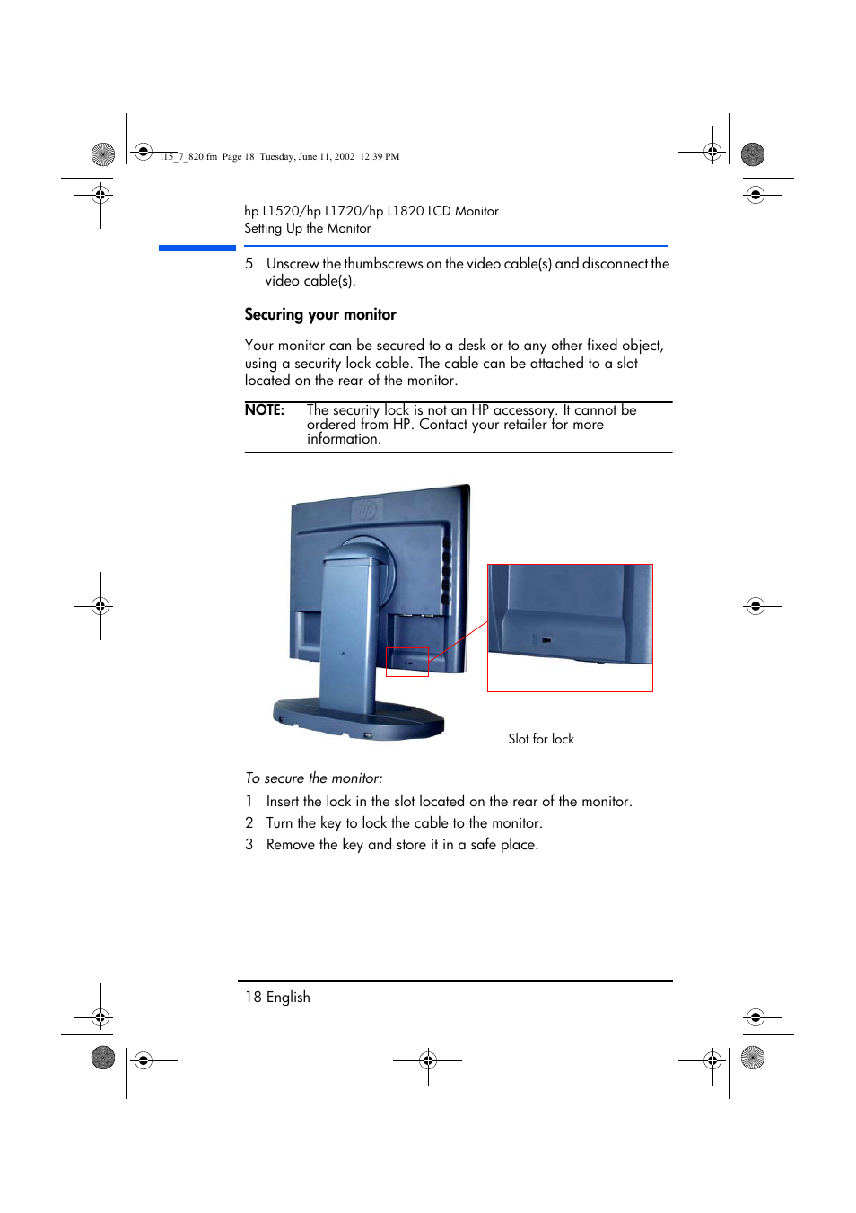 Securing your monitor | HP L1820 18 inch LCD Monitor User Manual | Page 19 / 57